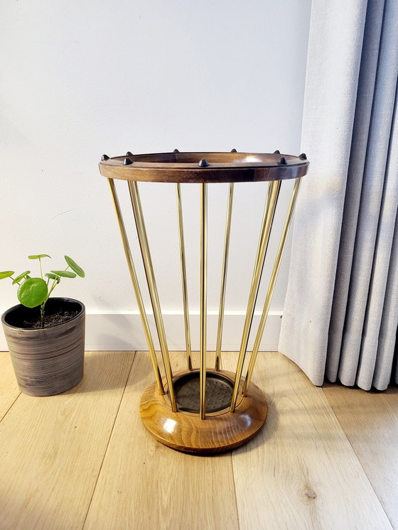 Image 1 of Umbrella Tray, Wood with Brass Finish, Supposedly Years 1950s