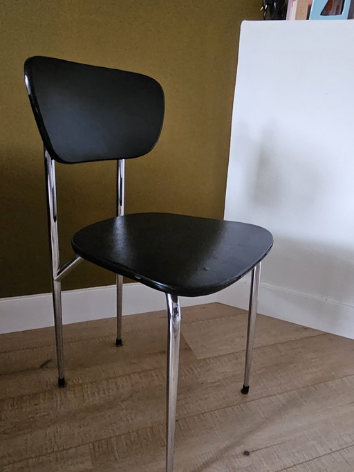 6X chaises de salle à manger en skaï noir chromé des années 70