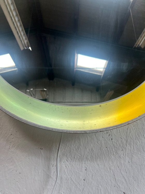 Image 1 of Vintage Round Wooden Wall Mirror With Lighting, Xl, 1970's