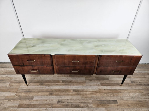 Vintage six-drawer mahogany burl dresser with glass top, 1960