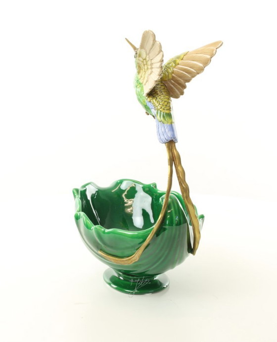 Image 1 of HUMMINGBIRD PLANTER JASMINE PORCELAIN + BRONZE ORMOLU BIRD BOWL SCULPTURE