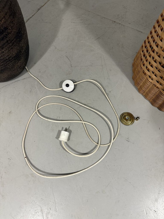 Image 1 of Large pottery floor lamp with rattan shade 1960's