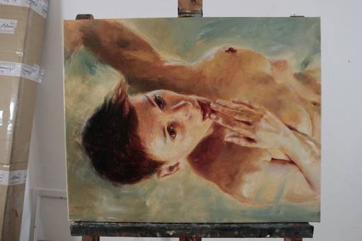 Jara Marzulli. Oil and Acrylic Painting. "Psyche and the Attesa del Bacio" – schilderijen tekeningen, Canvas