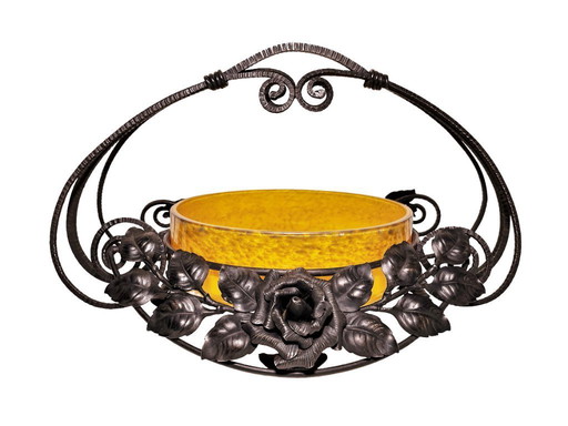 Panier floral Art Déco français - Centre de table : coupe à fruits en verre et fer forgé Delatte Nancy