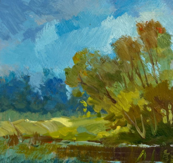 Image 1 of Original Oil Painting Summer River Landscape A quiet ferryman in the village
