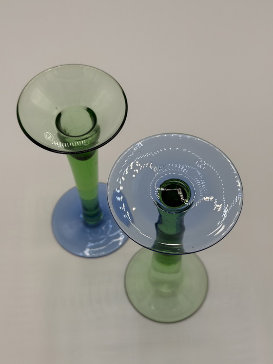 Image 1 of Holmegaard vintage set of designer glass candlesticks – green/blue