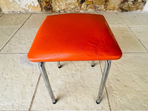 Mid-Century, Orange Skaï and Chrome Stool By J L 1970s