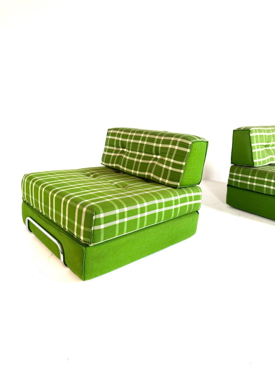 Set of 2 vintage convertible armchairs, Germany '80s, Chrome, Textile, Green (photo 11 of 14)