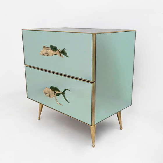 Pair Of Mid-Century Aqua Green Mirrored Glass Nightstands With Brass Fish Handle (photo 3 of 9)