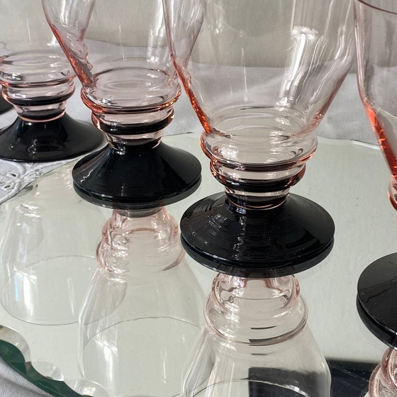 Image 1 of 6 grandi bicchieri da vino o acqua Art Déco rosa con gambo nero, 17 cl