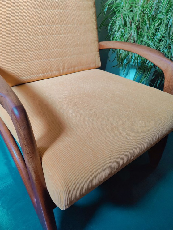 Vintage 50s/60s De Ster Gelderland Armchair, Wood, Textile, Brown, Mid Century Modern (photo 11 of 13)