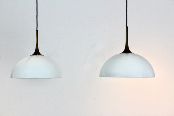 Pair of Brass and White-Opal Glass Pendant Lights by Florian Schulz, Pendant lamps (photo 4 of 11)