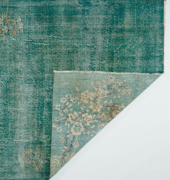 Vintage Turkish Overdyed Rug 261x162 Cm – Teal Handknotted Wool Carpet With Distressed Floral Design (photo 11 of 12)