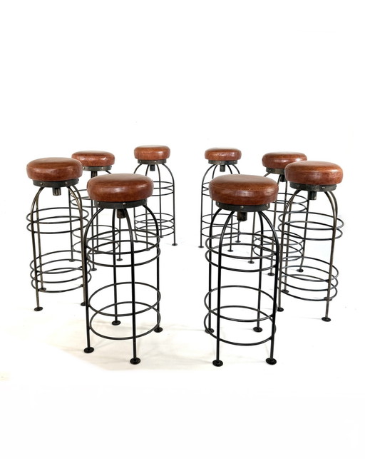 8x vintage bar stool, wrought iron & leather '80s