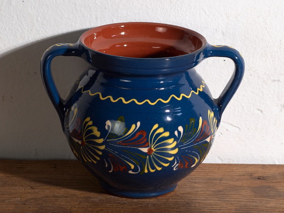 Pot vintage en céramique émaillée à deux anses, Europe Centrale, circa 1950, Vaisselle, Jaune (photo 7 sur 7)