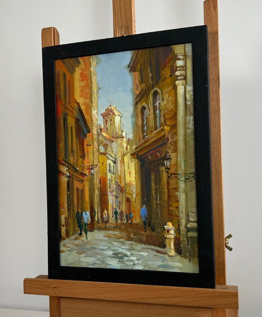 Original Oil Painting Day City Landscape Walking along the street of the city