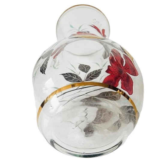 Image 1 of Vaso in vetro Art Déco con gigli dipinti a mano in rosso e oro, anni '30