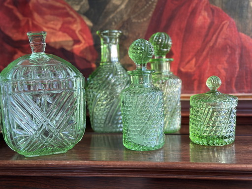 Elegante set da toeletta in vetro uranio Art Déco – 5 pezzi – ca. anni '20-'30