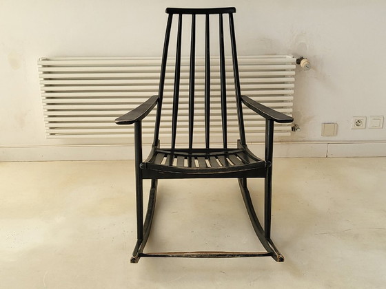 Image 1 of SUPERBE ROCKING-CHAIR FAUTEUIL 1960 VINTAGE EN BOIS LAQUE NOIR 60S 1960S