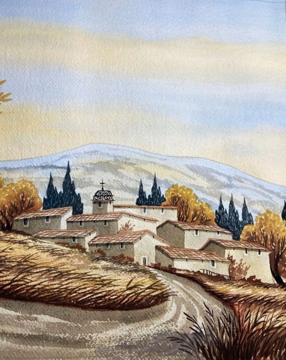 Image 1 of Watercolor Village of Provence Art France Painting Framed Signed Cardi ?? Artwork