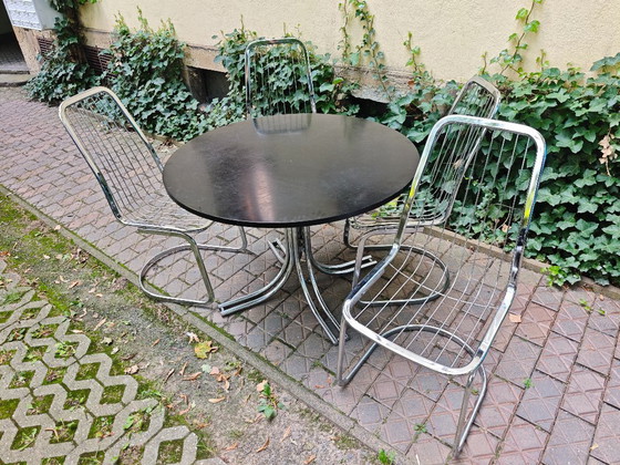 4x Stoelen en 1 Tafel Bauhaus Chroom Midcentury Retro Vintage Metalen Freischwinger Stoel Gastone Rinaldi (photo 2 of 10)
