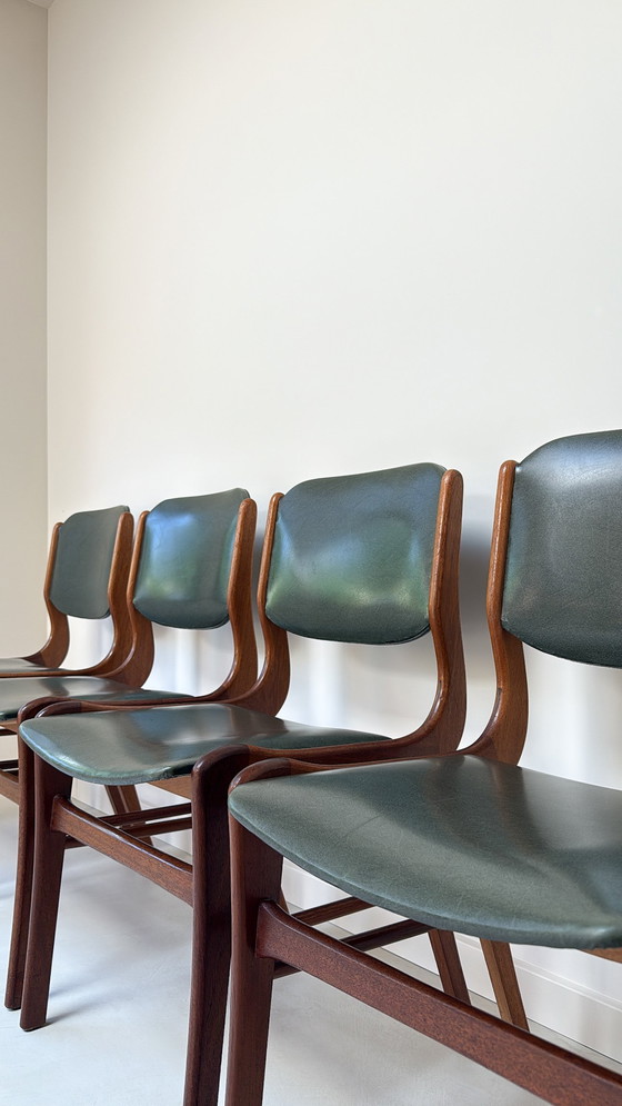 Image 1 of Four vintage wooden chairs with green imitation leather