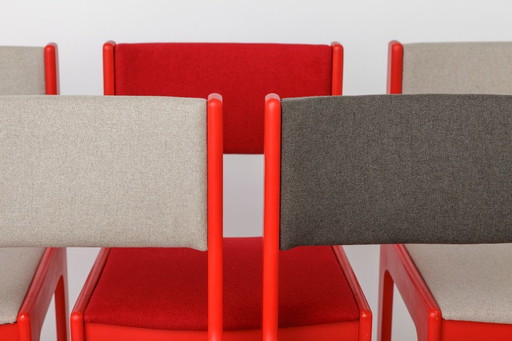 Vintage Casala eetkamerstoelen set van 5, jaren 50, Duitse beukenhouten stoelen, gerestaureerde rode lak, mid-century modern