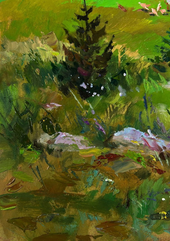Image 1 of Original Oil Painting Summer Village Landscape Morning With Cows In Rustic
