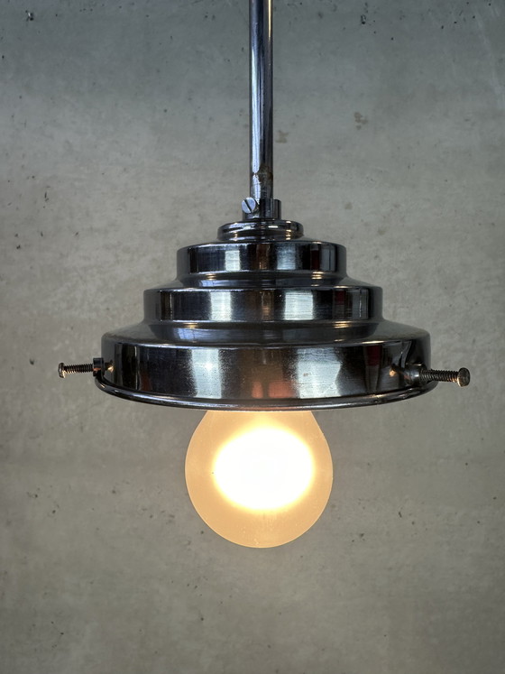 Image 1 of Art Deco pendant lamp - opaline and chrome