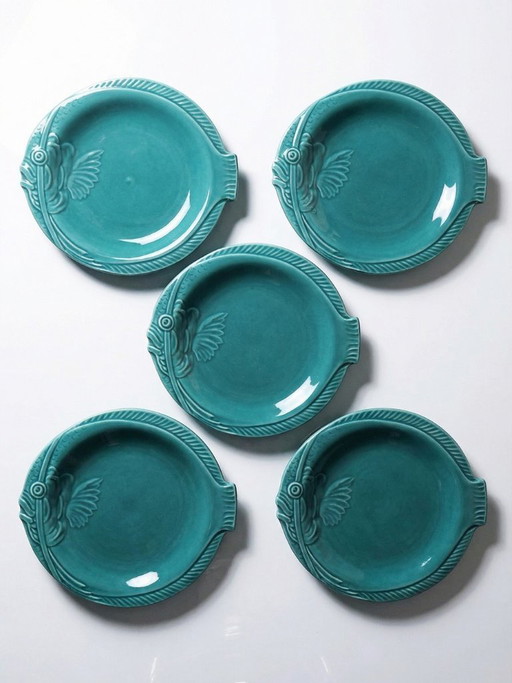 Set of 5 vintage turquoise earthenware fish plates from the 1960s-70s