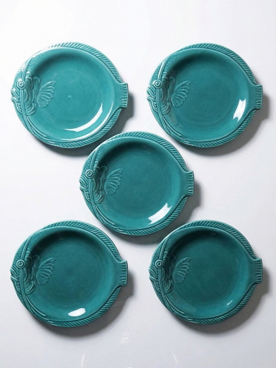 Image 1 of Set of 5 vintage turquoise earthenware fish plates from the 1960s-70s