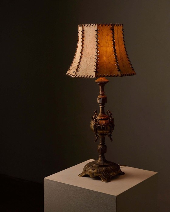 Cast Brass Table Lamp with Stitched Parchment Shade, Leather, Rustic (photo 3 of 5)