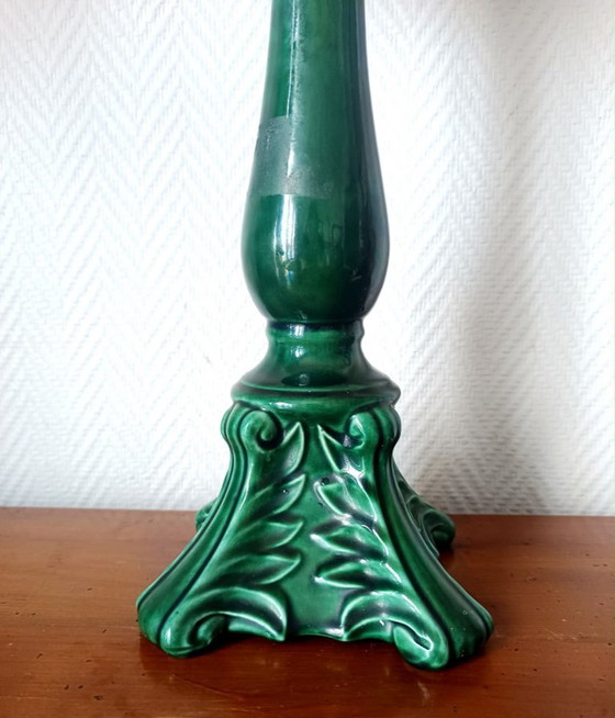 Image 1 of Vintage groene keramische lamp met op maat gemaakte lampenkap.