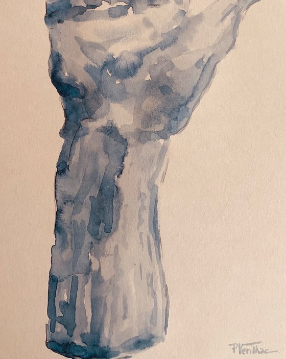 Image 1 of Monochrome blue watercolor of Auguste Rodin's statue "The Hand Reveals Man"