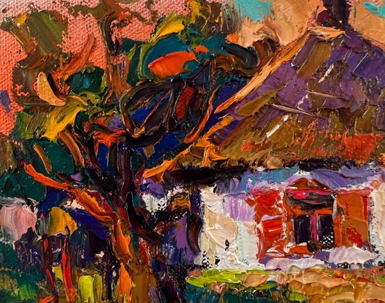 Original Oil Painting Sunset Village Landscape Evening in the Yard – Paintings & Drawings, Canvas (photo 7 of 8)