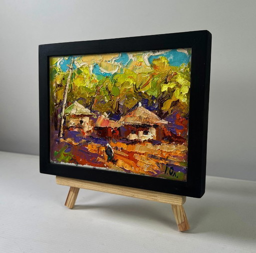 Original Oil Painting Autumn Village Landscape Warm evening sun sets over the horizon