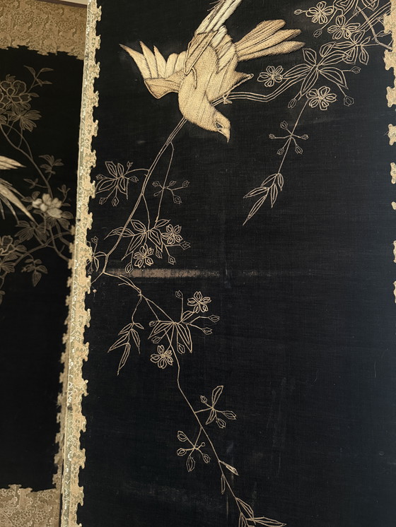 Image 1 of Antique Chinese embroidered chinoiserie folding screen ca. 1885