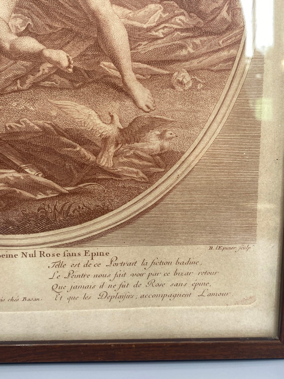 No love without sorrow, No rose without a thorn, ancient engraving after Nattier by Lépicé, 18th century (photo 5 of 10)
