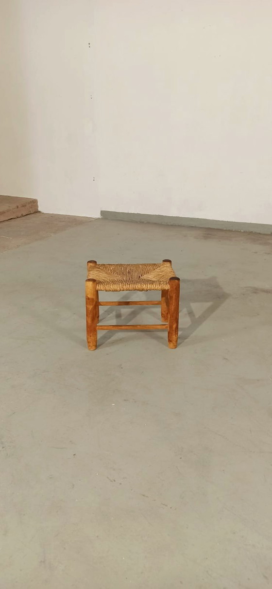 Image 1 of Vintage low stool, wood and wicker 