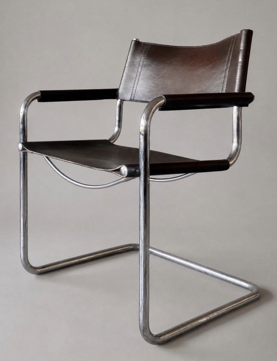 Image 1 of 6 vintage Mart Stam S34 armchairs for Linea Veam, Italy, dark chestnut brown leather