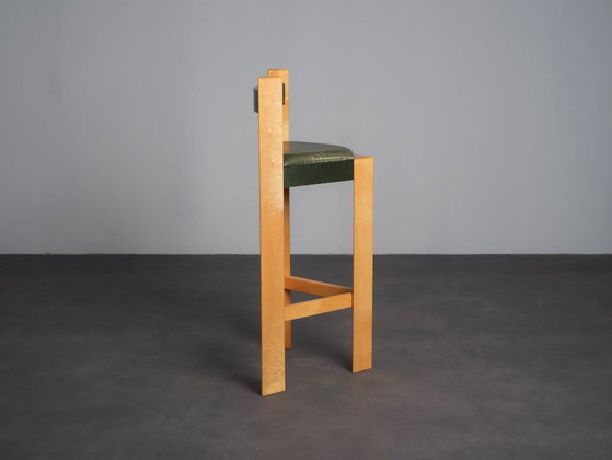 Set aus 3 architektonischen Barhockern aus Holz und Leder, 1990er Jahre, Grün (Foto 5 von 10)