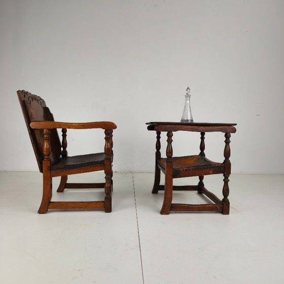 Pair of English Antique Jacobean Monk Armchairs / Tables by F. Parker & Sons Ltd – Wood, Leather (photo 16 of 16)