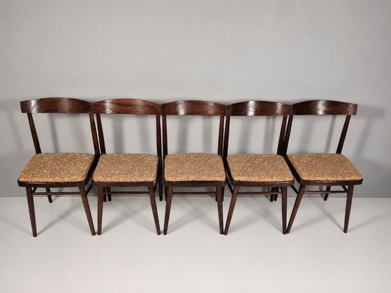 Image 1 of Vintage stoelen van beukenhout en stof, jaren 60, set van 5