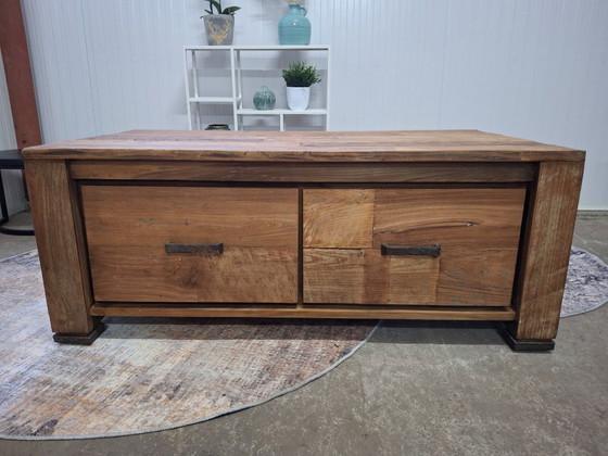 Image 1 of Table basse en teck recyclé avec 4 tiroirs, neuve