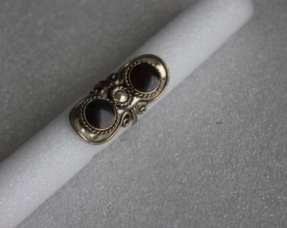 Image 1 of Large boho statement ring, handmade from alpaca silver with 2 small brown round semi-precious stones. Adjustable size.