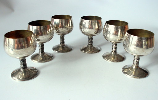 6 antique silver-plated brass wine glasses (electro silver plated)