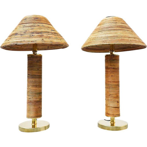 Pair of vintage brass and bamboo table lamps, Italy