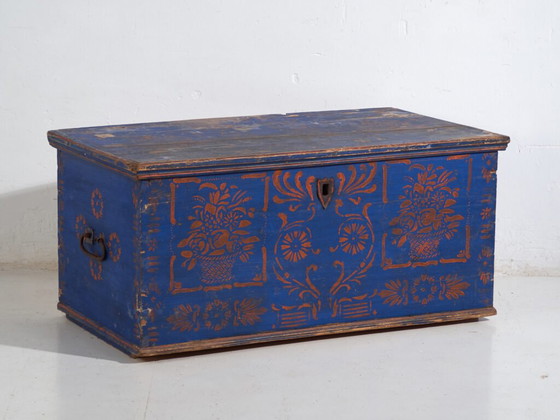 Antique Blue Painted Wooden Chest – Folk Art Blanket Chest – Central Europe c.1900 – Chest of drawers (photo 5 of 40)
