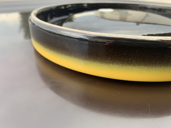 Image 1 of Large Vintage 1970s Round Ashtray, Ø 22 cm - Fat Lava Ceramic, Mustard Yellow and Brown - WGP
