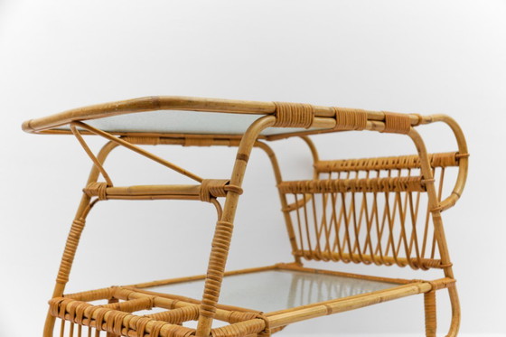 Image 1 of Carrello da portata italiano in bambù, rattan e vetro, anni '50